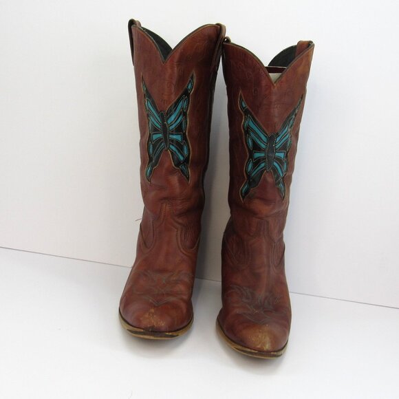 Dingo D1704 Women's Brown Western Heeled Boots with Teal Butterfly Size 10M - Picture 1 of 11